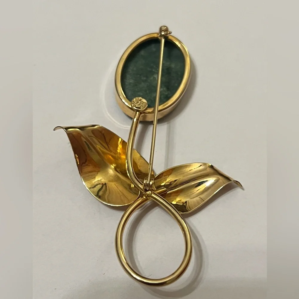 Vintage Mid Century Jade Leaf Brooch Pin - 1/20 12K GF- Rolyn R INC / HNC